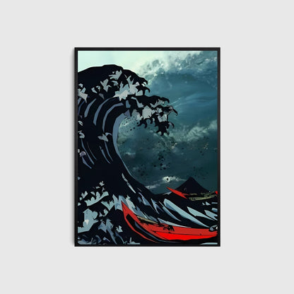 Framed artwork of a stylized wave with a red boat and black silhouettes on a light gray background
