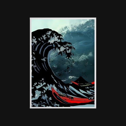 Artistic depiction of a large wave with a red boat below, inspired by traditional Japanese art.