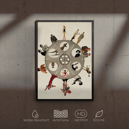 Framed artwork with a movie reel and various figures on a textured wall.