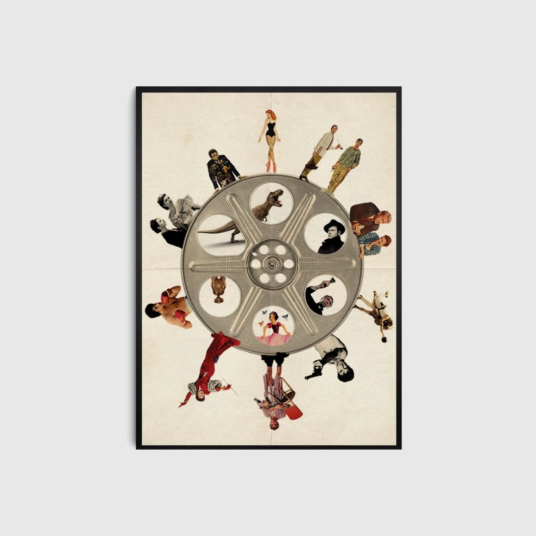 Framed artwork with a vintage film reel and silhouettes of people on a beige background