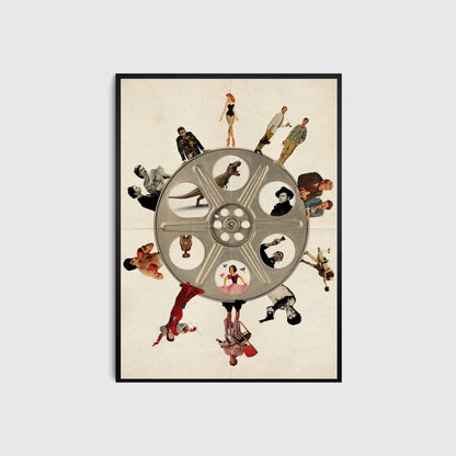 Framed artwork with a vintage film reel and silhouettes of people on a beige background