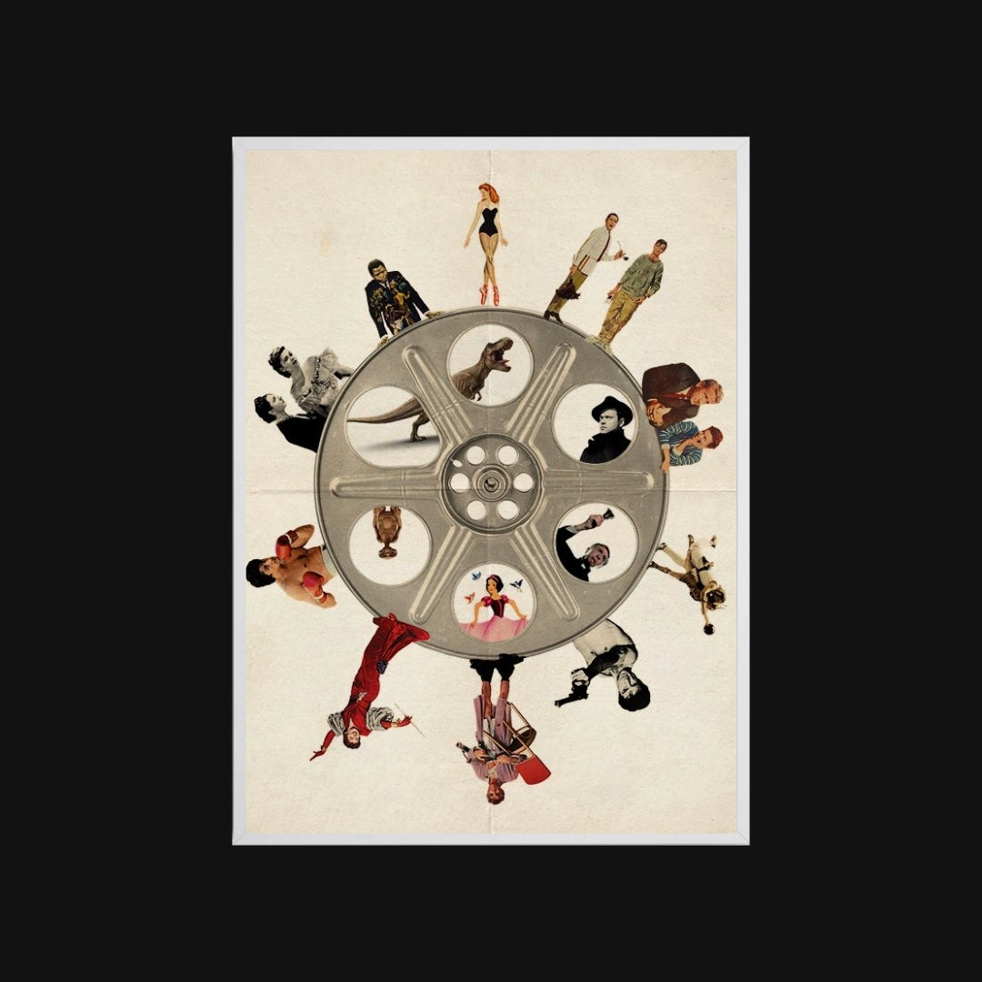 Illustration of a film reel with people around it on a beige background