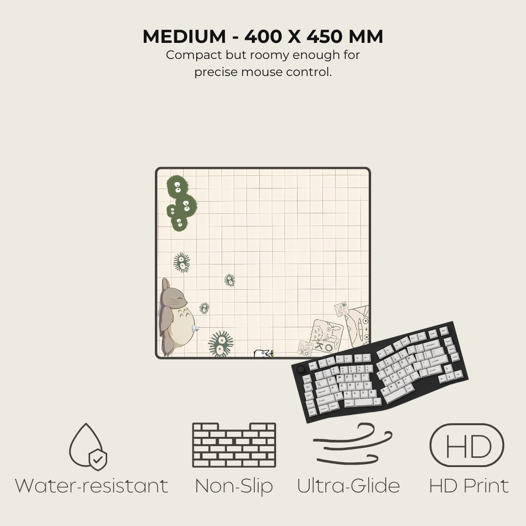 Computer mouse pad with grid and cartoon owl design, featuring text and icons on a light gray background.