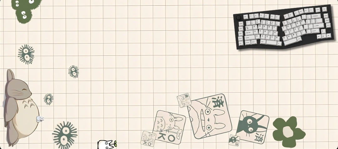 Keyboard and cartoon character on a grid background with decorative elements