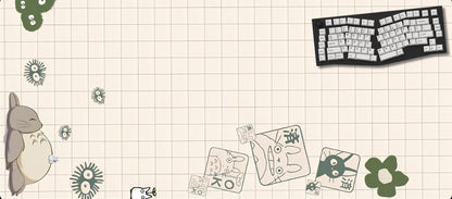 Keyboard and cartoon character on a grid background with decorative elements