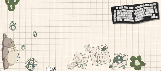 Keyboard and cartoon character on a grid background with decorative elements