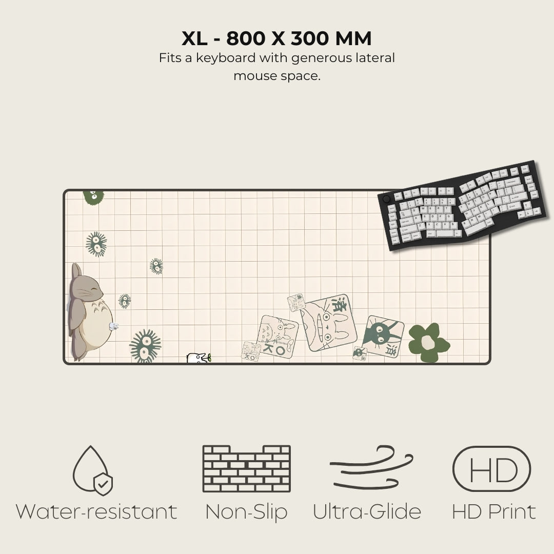 Large mouse pad with cartoon design and text detailing dimensions and features.