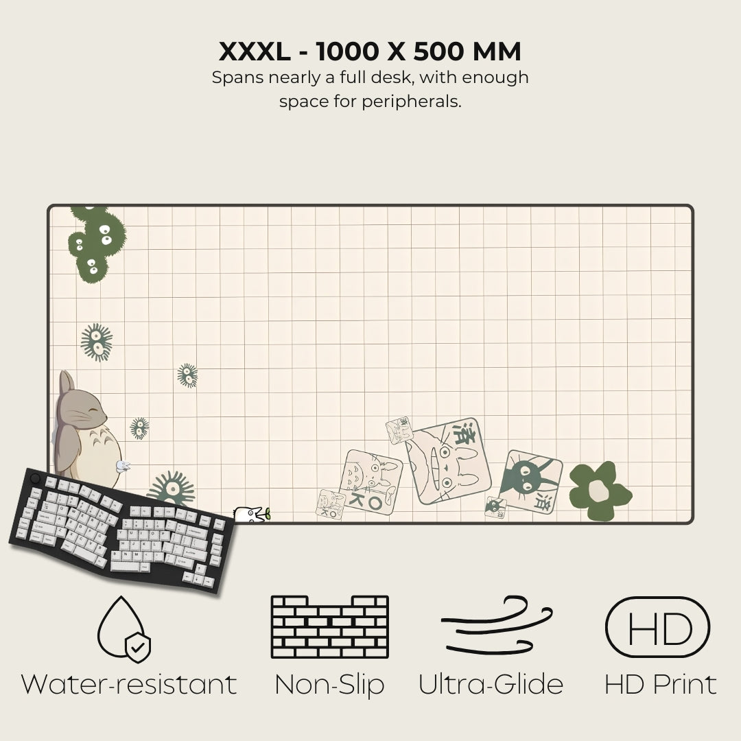 Large desk mat with grid and cartoon designs, featuring text and icons indicating product features.