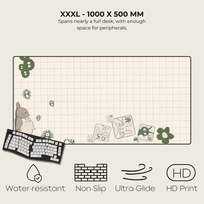 Large desk mat with grid and cartoon designs, featuring text and icons indicating product features.