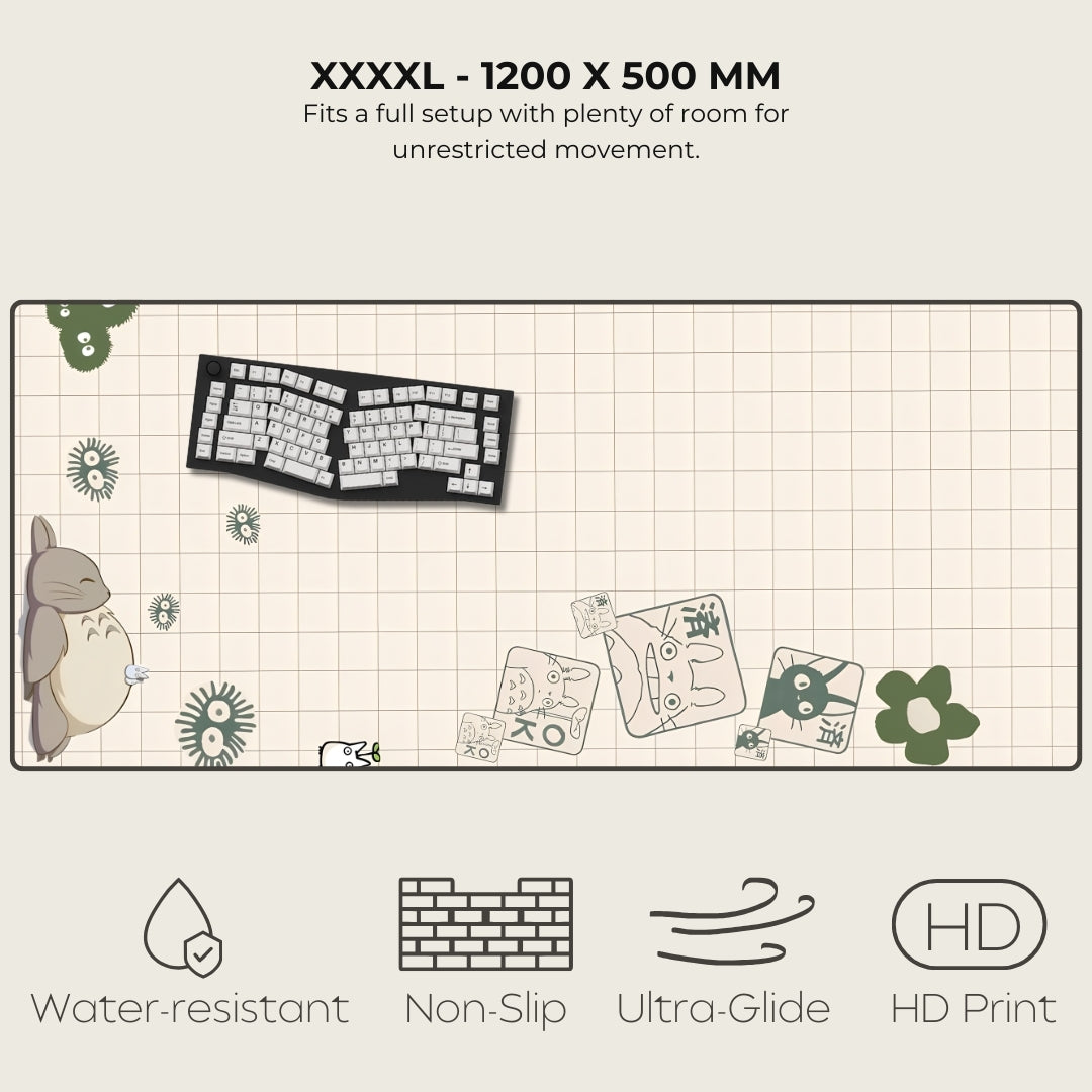 Large gaming mouse pad with cartoon characters and text about dimensions and features.