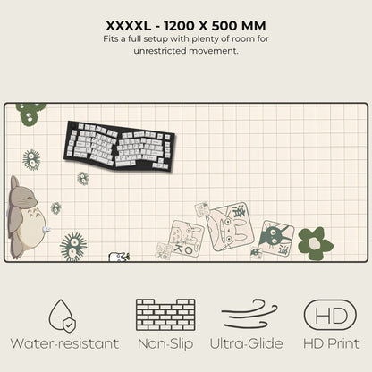 Large gaming mouse pad with cartoon characters and text about dimensions and features.