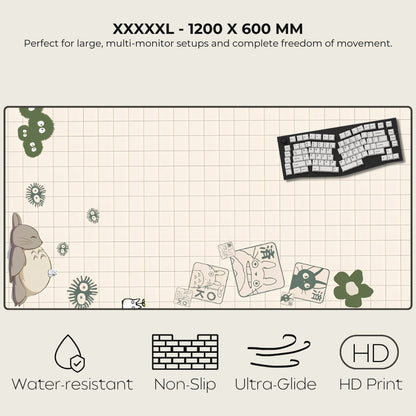 Large gaming desk mat with grid lines, cartoon characters, and keyboard layout on a white background.
