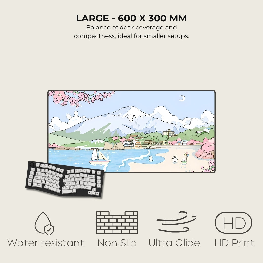 Large desk cover with scenic design, keyboard, and feature icons on a beige background