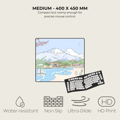 Illustration of a scenic landscape on a medium-sized surface with keyboard design elements and feature icons.