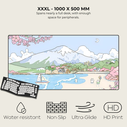 Large desk mat with a scenic design, keyboard, and product features on a beige background