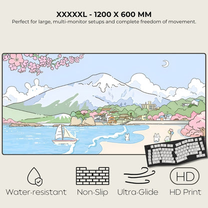 Large monitor with a scenic design of a mountain, lake, and cherry blossoms, featuring text and icons about product features.