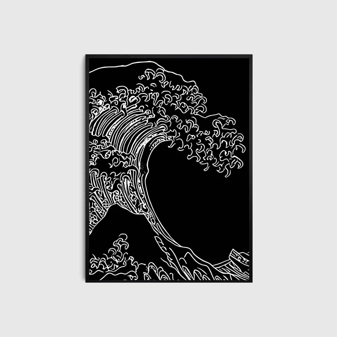 Framed artwork of a stylized wave design on a black background