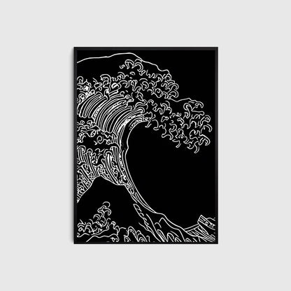 Framed artwork of a stylized wave design on a black background