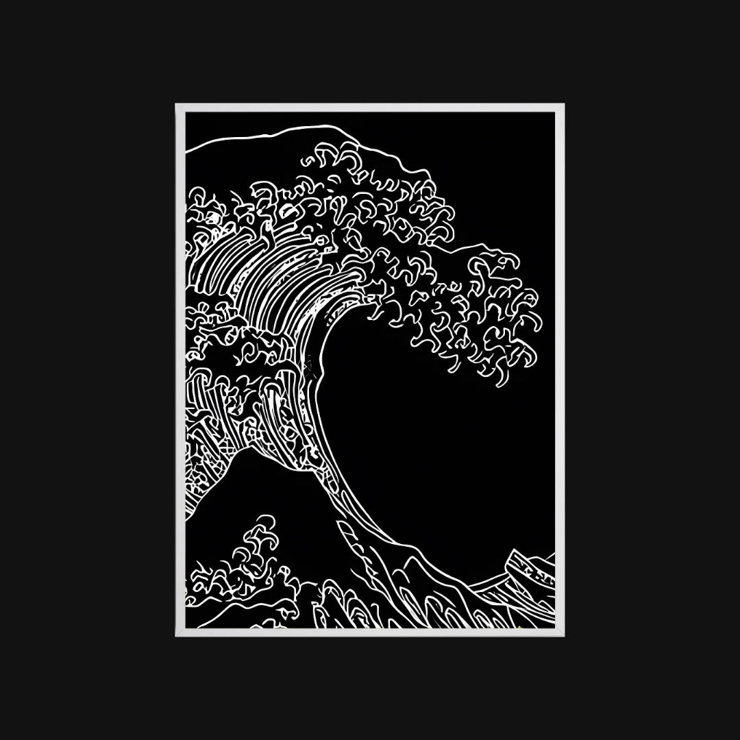 Black and white illustration of a wave with a mountain in the background on a black background