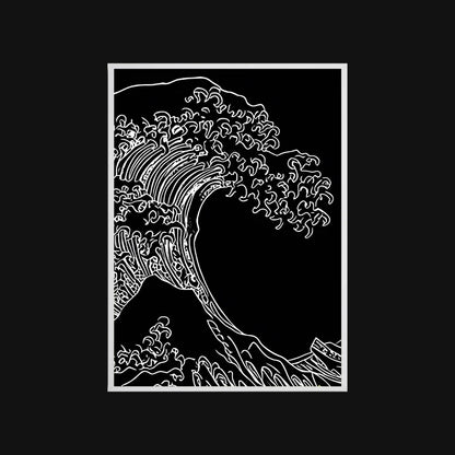 Black and white illustration of a wave with a mountain in the background on a black background