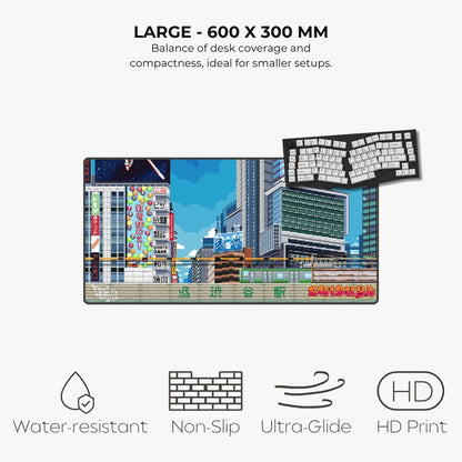 A large desk mat featuring a colorful cartoon cityscape with a train and signage, shown on a light gray background with text highlighting its size, features, and printed quality.