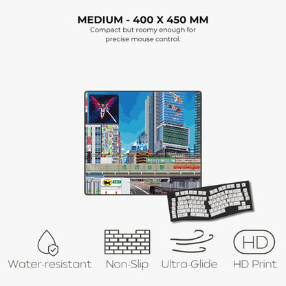 A mouse pad with a colorful cityscape print, shown alongside a keyboard on a light gray background with descriptive text and feature icons for water resistance, non-slip, ultra-glide, and HD print.