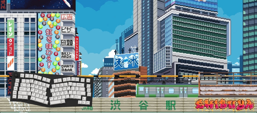 Pixel art style cityscape scene with tall buildings, a blue sky, Japanese signage. The word 'shibuya' appears in colorful graffiti text on the right.