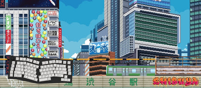 Pixel art style cityscape scene with tall buildings, a blue sky, Japanese signage. The word 'shibuya' appears in colorful graffiti text on the right.