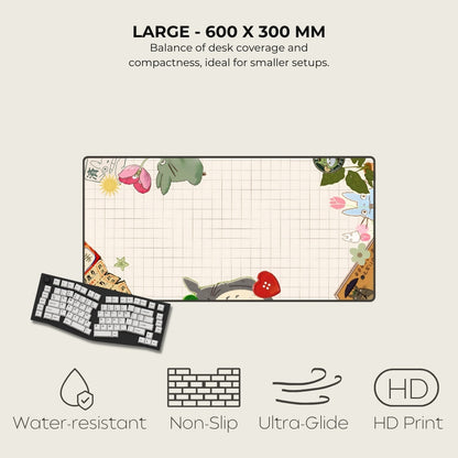 Large desk mat with cartoon design and text detailing size, features, and benefits on a light gray background.