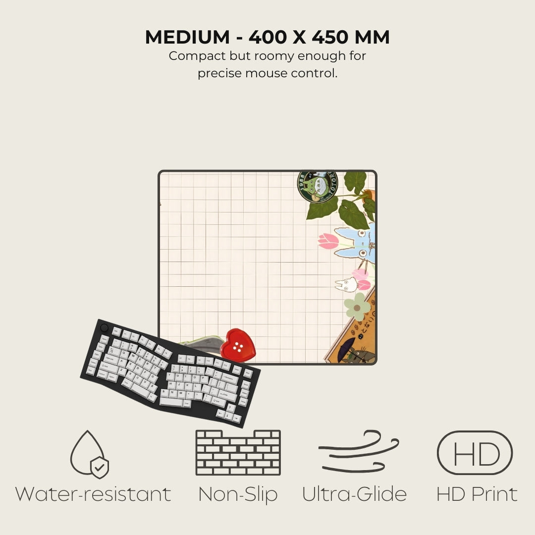 Keyboard and mouse pad with features listed on a light gray background