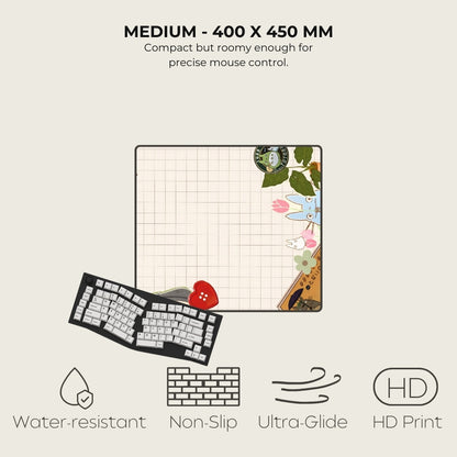 Keyboard and mouse pad with features listed on a light gray background