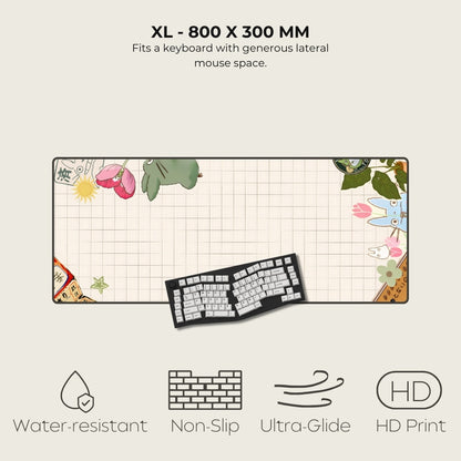 Large mouse pad with floral design and keyboard illustration, featuring text and icons indicating product features.