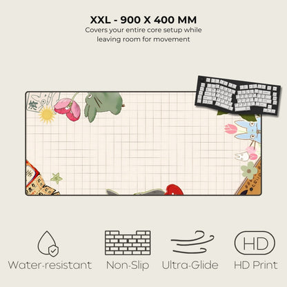 Large desk mat with cartoon designs and text about size and features on a white background