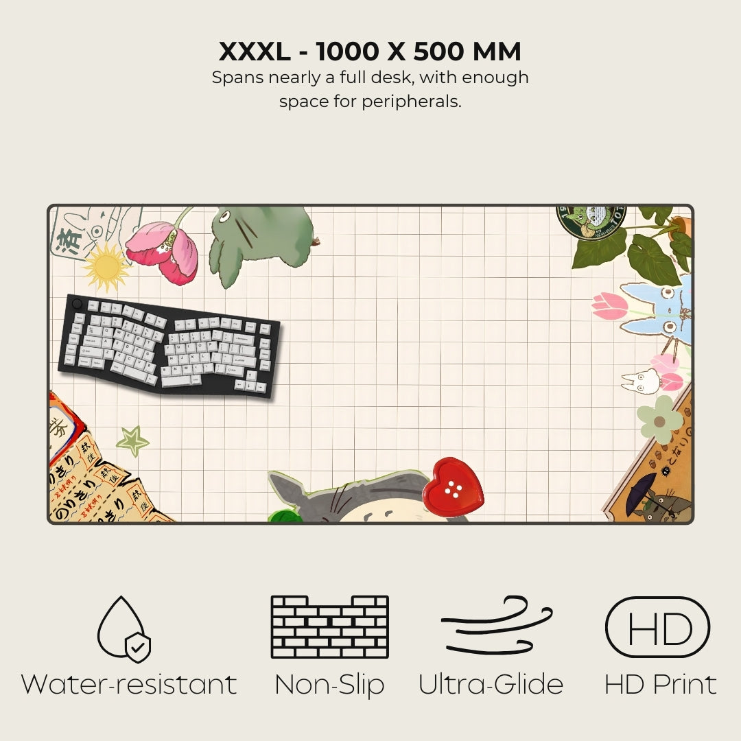 Large desk mat with cartoon designs and product features listed.