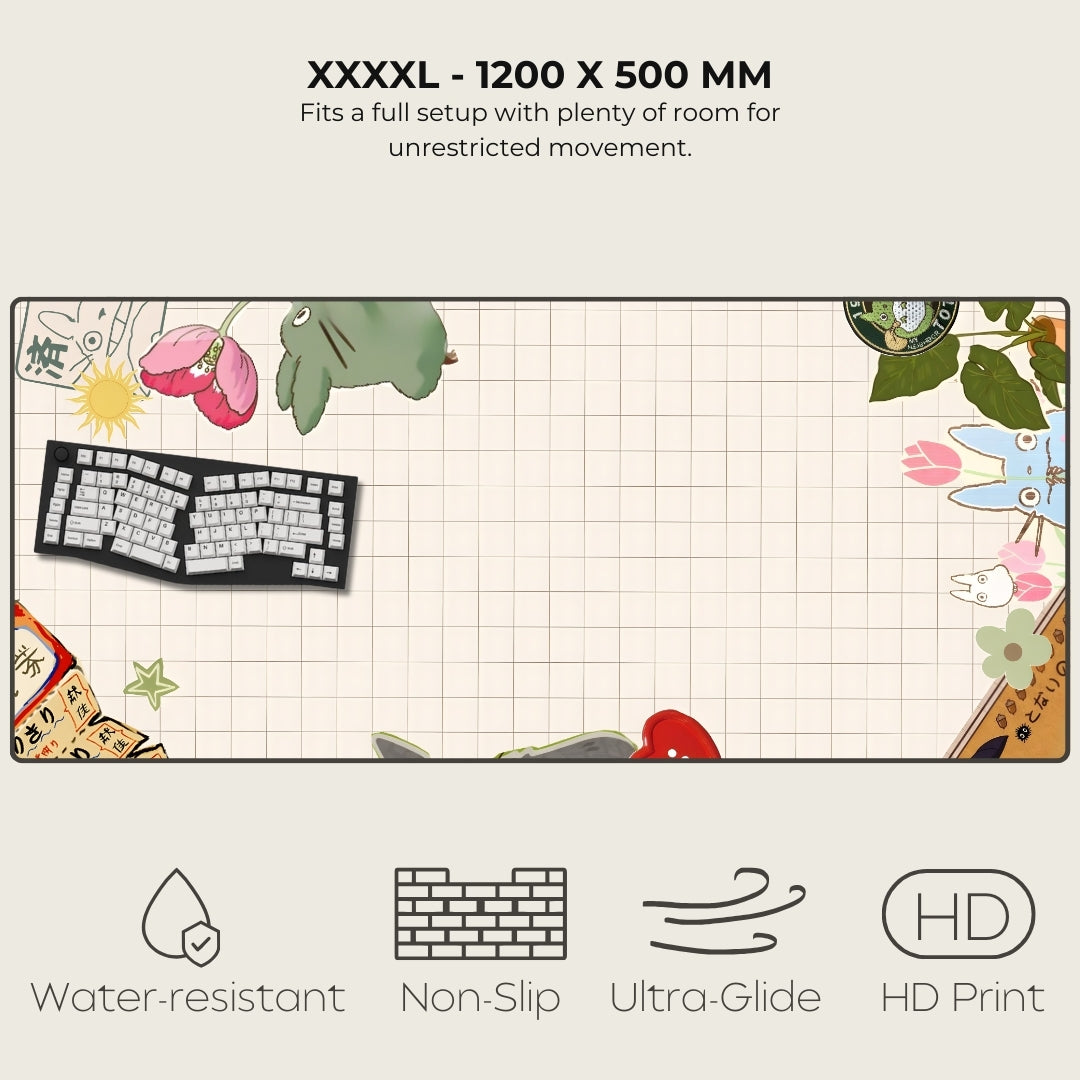 Large desk mat with cartoon designs and product features listed.