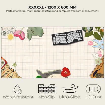 Large desk mat with cartoon designs and keyboard, featuring text on size and features.