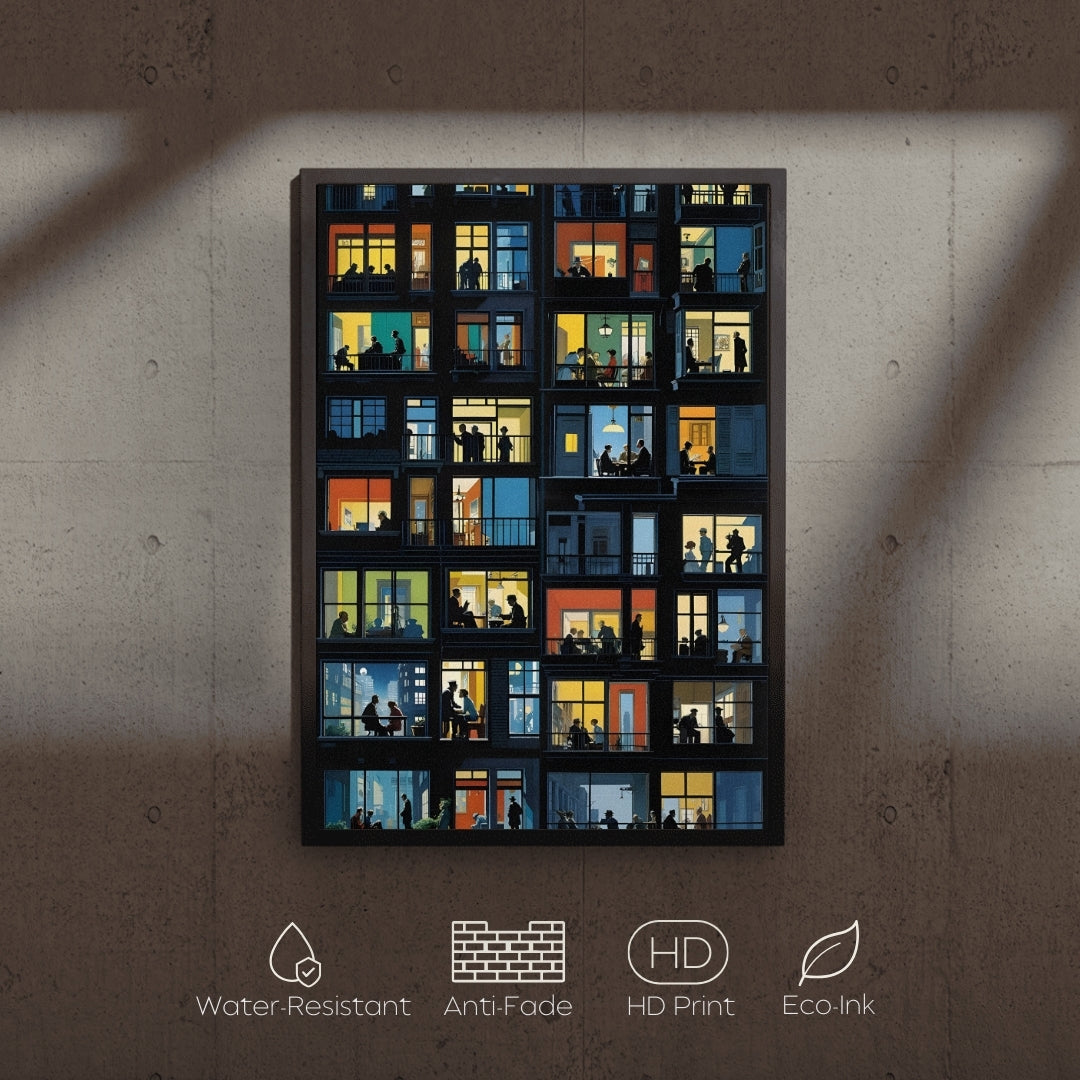 Framed artwork of illuminated windows on a textured wall with product features displayed.