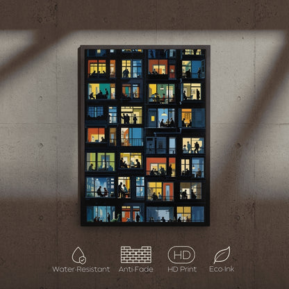 Framed artwork of illuminated windows on a textured wall with product features displayed.