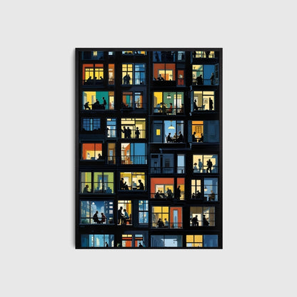 Illustration of people silhouetted against illuminated windows in a building.