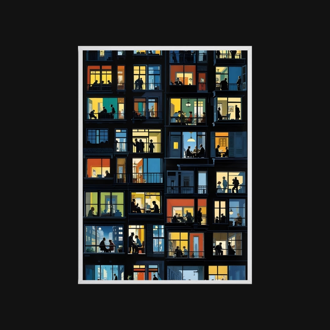 Illustration of a building facade with people silhouetted against illuminated windows on a black background.
