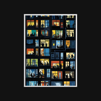 Illustration of a building facade with people silhouetted against illuminated windows on a black background.
