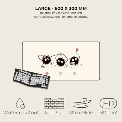 Large mouse pad with cartoon characters, keyboard, and feature icons on a light gray background