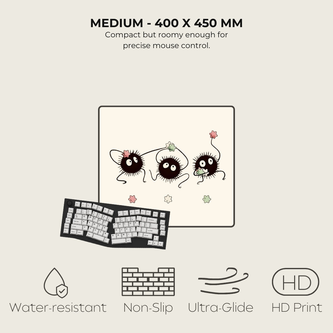 mouse pad with cartoon characters, text about size and features, and icons indicating water-resistance, non-slip, ultra-glide, and HD print.