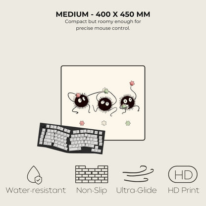 mouse pad with cartoon characters, text about size and features, and icons indicating water-resistance, non-slip, ultra-glide, and HD print.