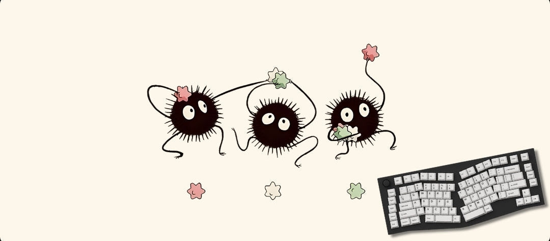 Three cartoon characters with long eyelashes on a white background with a keyboard.