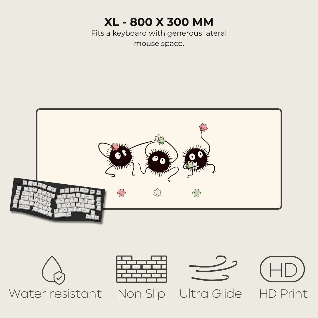 Large mouse pad with cartoon designs and product features on a white background