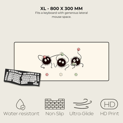 Large mouse pad with cartoon designs and product features on a white background