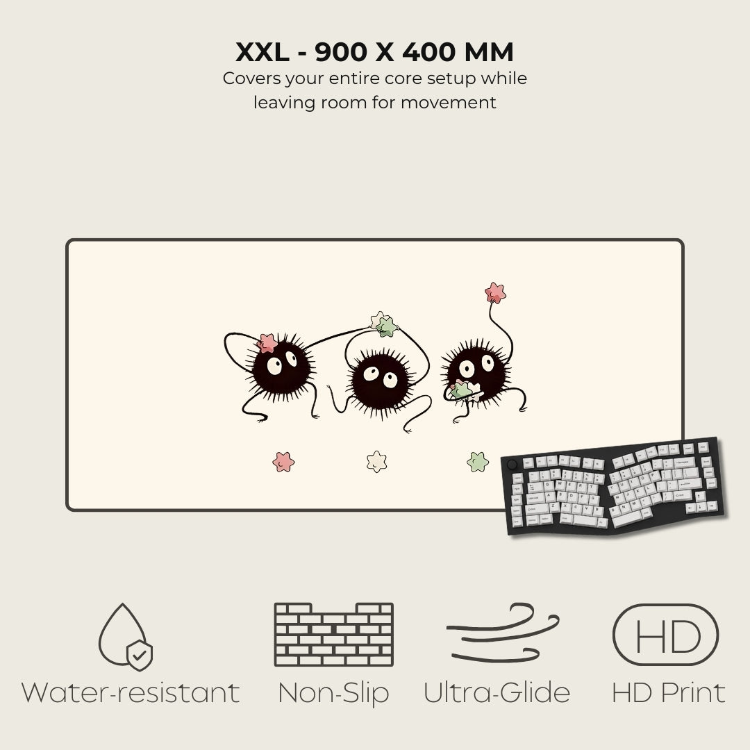 Large mouse pad with cartoon characters and keyboard, featuring text and icons indicating product features.