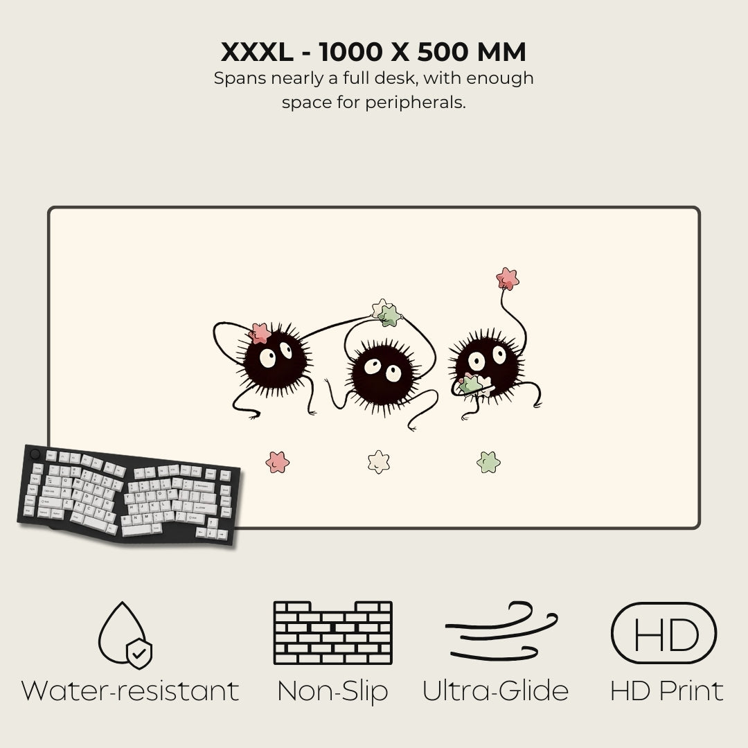 Large desk mat with cartoon characters and product features on a white background