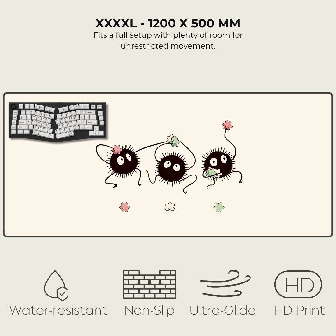 Large mouse pad with cartoon characters and product features on a white background